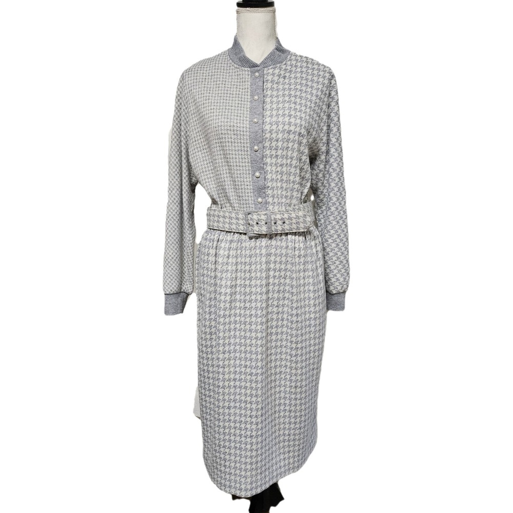 Vtg California Design By Dorothy‎ Samuel Belted Houndstooth Sweater Dress Sz 14